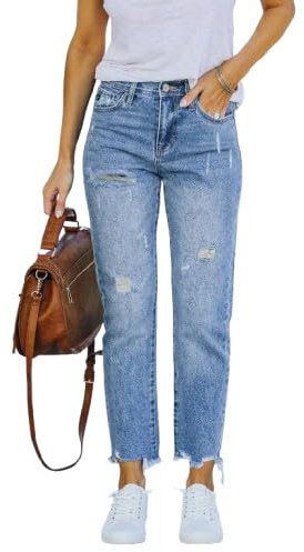 jean déchiré pour femme - Pantalon capri en denim tendance et fin - jean mom fit coupe droite straight amincissant - Pantalon décontracté femme 7/8 couple boyfriend hanche mode pants (Sky Blue, S)