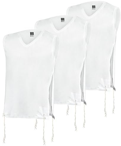 Pack of 3 Adults Tzitzit T-Shirt-100% Cotton V Neck Tallit Katan Chabad Meyuchad Thin Strings Undershirt, Kosher Premium Quality Size L White