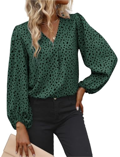 TELULYOO Chemisier à manches longues pour femme - Imprimé léopard - En mousseline de soie - Col en V - Tendance - Tunique de bureau décontractée, Vert, XXL