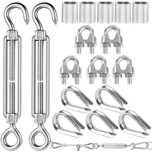 17 Stück Drahtspanner Edelstahl Set, Seilspanner, Spannschloss M5 mit Drahtseilklemme, Drahtseil Spanner Kauschen, Aluminum Sleeves, Verstellbare Spannschlösser für Wäscheleine Gespannte Seil