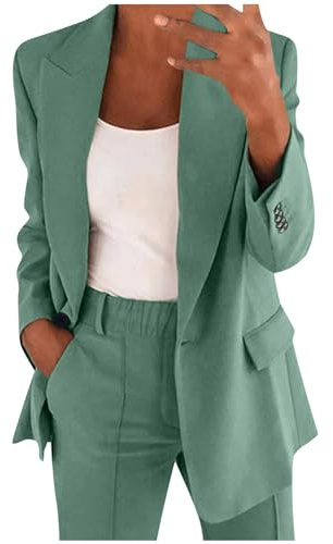 2025 - Conjunto de dos piezas con solapa para mujer, manga larga, con botones, formal, chaqueta y pantalón, traje delgado y holgado, sudadera para correr, verde menta, M