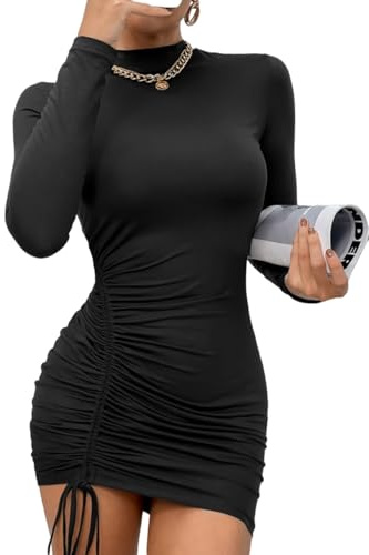 Sukiglam Women's Mini Dress Sexy Long Sleeve High Neck Bodycon Dresses Side Drawstring Short Dress Elegant Tight Ruched Dresses for Party Cocktail Going Out Clubwear Black