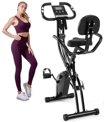 Exercise Bike, Foldable Exercise Bike, Multifunctional Ergometer, Home Fitness Equipment with 10 Resistance Levels, Heart Rate Monitor, Pull Straps, for Cardio