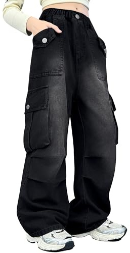 Rolanko Jean Cargo Ample pour Fille, Taille Haute Élastique, Pantalon Large Streetwear en Denim avec Multiples Poches, Noir Denim, 13-15 Ans, 170