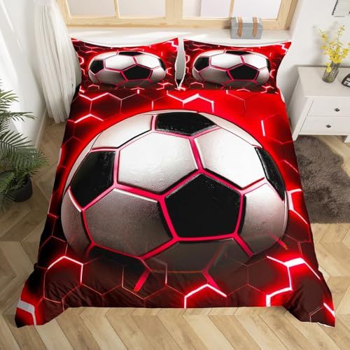 Homewish Neon Honeycomb Double Bedding Set Boys Football Duvet Cover 3 Piece - Red Geometric Sports Game Quilt Cover for Kids Teens Bedroom Decor - Modern Soccer Themed Bed Set with Black Reverse