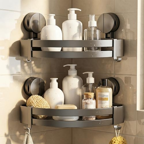 Bathroom Triangle Shelf, 2026 New No-Drill Bathroom Suction Storage Box, Corner Shower Shelf Suction Cup Shower Caddy Corners Organizer Storage Rack Adhesive with Towel Bar (2pcs)
