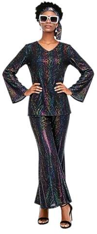 Kvinnor 70-talet Disco komplett kostymset metallisk paljett utsvängd ärm topp klocka botten byxor matchande pannband glasögon peruk halsband örhängen komplett retro hippie outfit för halloween cosplay