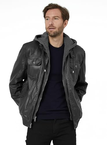 wantdo Men's Faux Leather Motorcycle Jacket Slim Fit Warm Winter Jackets with Removable Hood Black Large