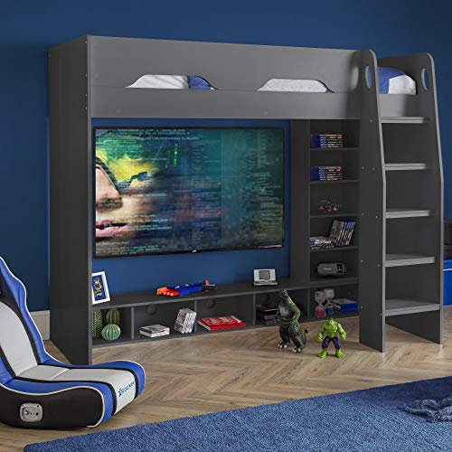 Wooden Gaming Bed, Happy Beds Galaxy Grey Wooden Gaming High Sleeper - 3ft Single (90 x 190 cm) Frame Only