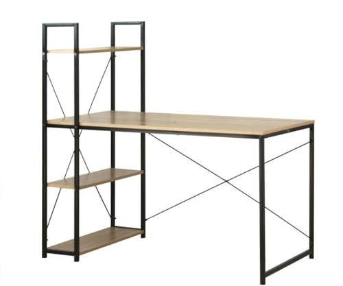 Calicosy Bureau de Travail avec Étagères - Bois et Métal - Poste de Travail Stable - Étagères de Rangements - Noir et Chêne Clair - Style Industriel - 120 x 60 x H120 cm