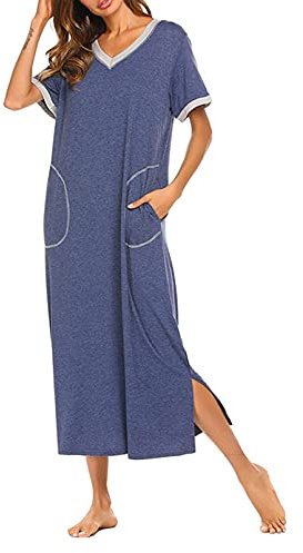GTHTTT Chemise de Nuit Femme Col V Manches Courtes Nuisette T Shirt Long Robe avec Poches Doux à Porter et Confortable Vêtement de Nuit,Bleu,XL