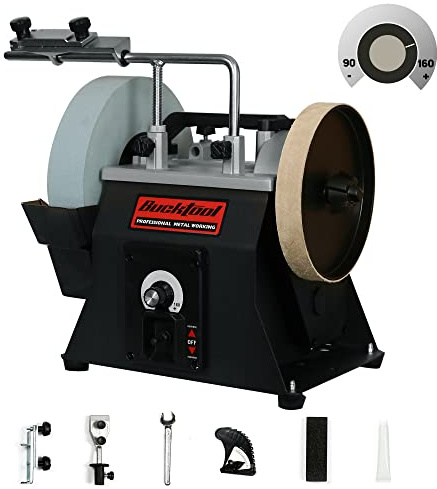 BUCKTOOL 10-Inch Variable Speed Wet Sharpening System, 1.2-Amp Two-Direction Water Cooled Wet Stone Grinder 90-160RPM, Wet Bench Grinder for Knife, Chisel, Knife, Axe, SCM8103