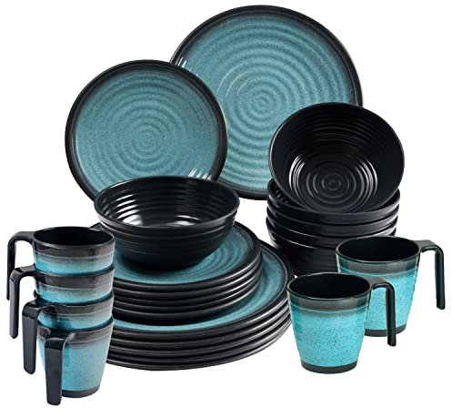 Camping Geschirr Set aus Melamin für 6 Personen - mit Tellern und Stapel-Tassen - 24 Teile - Blau-Schwarz - Campinggeschirr - Outdoor Tafelgeschirr Wohnwagen Wohnmobil Geschirrset