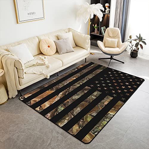 American Flag Camo Rug, Rustic Tree Leaves Camouflage Area Rug 3x5, Military Hunting Carpet for Boys Teens Kids Man, Nature Conifer Oak Branches Non Slip Living Room Rugs