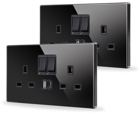 JIMEIDA 2 Pack Double Switched Socket Black 20W Fast Charging 13 Amp with USB A and Type C Charging Ports Crystal Glass Panel Wall Outlet