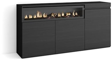Skraut Home | Aparadores para salón | Gran Capacidad de almacenaje | 150x75x35cm | 3 Puertas | Chimenea eléctrica | Estilo Moderno | Negro