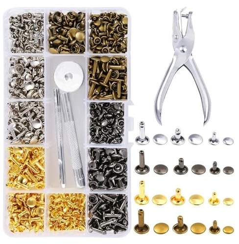 SMYJDMM Leder Nieten Set, 180 Set Leder Nieten, Metallniete Doppelkappe Niet Nieten für Leder Doppelkappe mit Nietenzange 8mm 6mm Ledernieten für DIY Handwerk Reperatur Dekoration