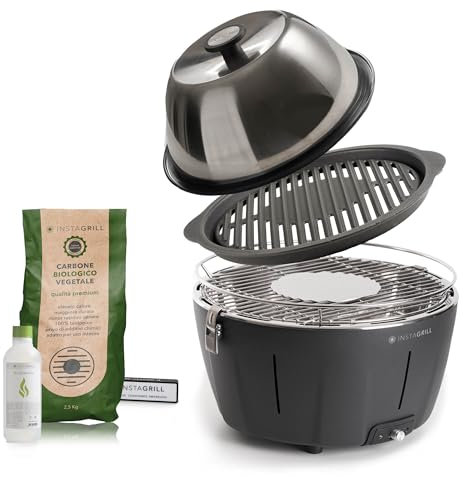 Classe Italy | Barbecue sans fumée à charbon avec couvercle et grille en fonte. Balcon, portable, avec batterie rechargeable, charbon et gel pour allumage. PRO noir anthracite
