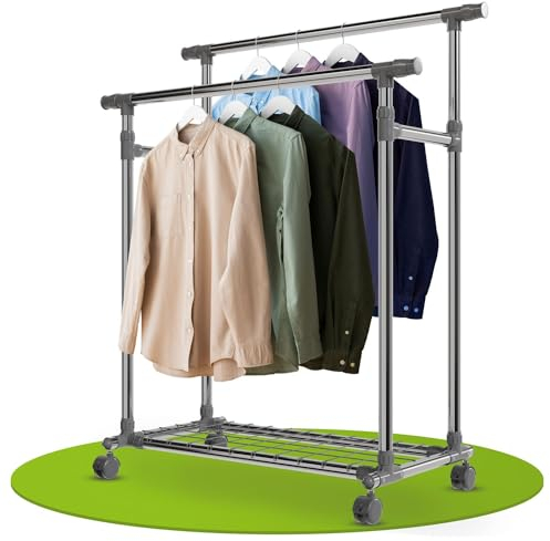 Juskys Metall Kleiderständer auf Rollen, stufenlos höhenverstellbar, 2 ausziehbare Stangen & Ablage, mobiler Garderobenständer stabil & freistehend, Kleiderstange aus Edelstahl