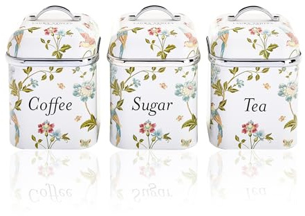 VQ Laura Ashley Tea Coffee and Sugar Canisters Set of 3 Stainless Steel Tea Sugar and Coffee Containers Set with Removable Lids - Printed Storage Jars & Kitchen Canisters - Elveden White