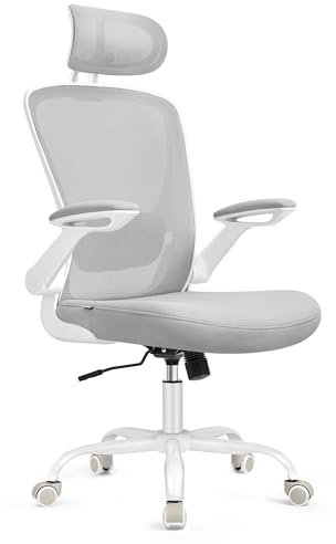 SONGMICS Bürostuhl ergonomisch, Drehstuhl mit Mesh, Lenden- und Kopfstütze, Wippfunktion, 53 cm große Sitzfläche, klappbare Armlehnen, Arbeits- und Schlafzimmer, Studenten, Taubengrau OBN047G01