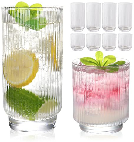 WeirdUncle Set of 8 Ribbed Glass Cups with Crystal Base,4 Highball Glasses 18oz & 4 Rocks Drinking Glasses 9oz, Art Deco, for Water, Iced coffee, Cocktail, Juice, Whiskey, Wine, Gift