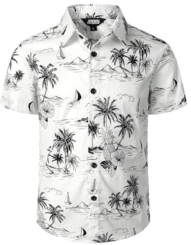 JOGAL Boys Hawaiian Shirt Short Sleeve Floral Button Down White Black 12