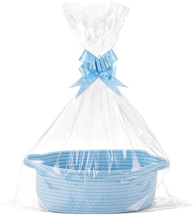 Lotvic Gift Basket, Hamper Kit, Empty Hamper Basket with Cellophane Bags and Pull Bows, Rope Gift Baskets with Handles, Woven Gift Baskets for Baby Shower, Wedding, Birthday, Housewarming (Blue)