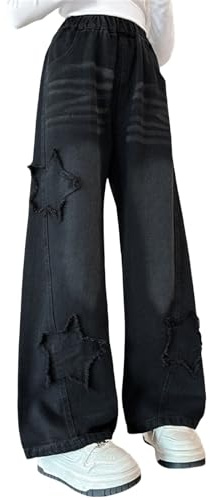 Jeans patchwork étoiles filles enfants taille haute jambe large taille élastique pantalon en denim personnalisé patched jeans esthétiques tendance baggy denim pantalon, Noir , 12-13 ans