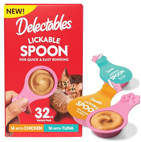 Delectables Lickable Spoon Handheld Wet Cat Treats Made with Real Chicken & Tuna, Creamy Puree, Mess Free, Quick & Easy, Grain-Free, No Added Fillers, No Added Preservatives, Variety Pack, 32ct