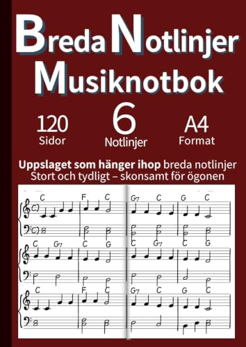 Breda Notlinjer Musiknotbok: Kontinuerliga Notlinjer över Dubbelsidan | Idealisk för Barn, Nybörjare & Seniorer | För Pianolektioner och Komposition | A4 (Vinröd)
