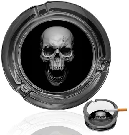 Totenkopf-Zigarettenaschenbecher, rund, tragbarer Zigarren-Aschenbecher, transparentes Glas, Rauchaschenbecher für drinnen und draußen, Zuhause, Büro, Terrasse, Balkon, Tischdekoration