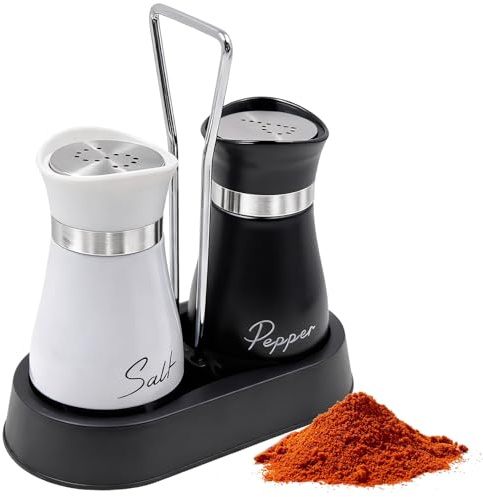 INHEMING 2 Pezzi Saliera e Pepe con Supporto, Porta Sale Pepe Acciaio Inox, Shaker in Vetro Vintage Bianco e Nero per la Cucina, Viaggio, Camper, Barbecue 120ml