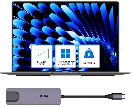 GEEKOM GeekBook X14 Pro Laptop, 999 g Ultraleicht, 14 2.8K OLED, Ultra 9-185H, 32GB LPDDR5x RAM 7500MT/s, 1TB SSD, 2X USB4, Fingerprint & Webcam-Schieber, bis zu 16 h Akku, Copilot+, Windows 11 Pro