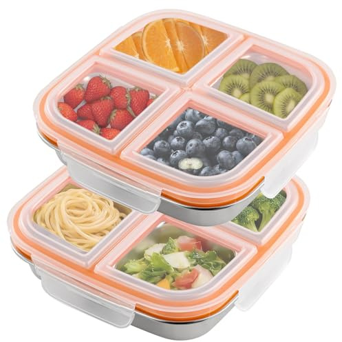 Puasok 2 Porta Merenda in Acciaio inox con Scomparti, Contenitore per Merenda a Tenuta Stagna, Bento Box, Lunch box per Bambini, Riutilizzabile, con Coperchio per Scuola, Lavoro e Campeggio (600 ml)