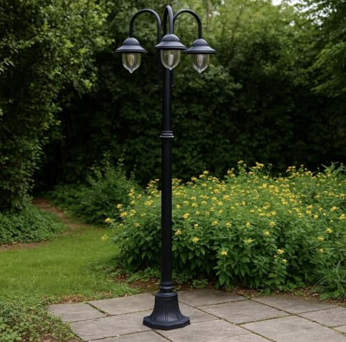 Partenopea Lampione da giardino classico a 3 luci con attacco E27, lanterna da esterno in alluminio IP54, ideale per vialetti, parchi, ingressi e strutture ricettive (Nero)
