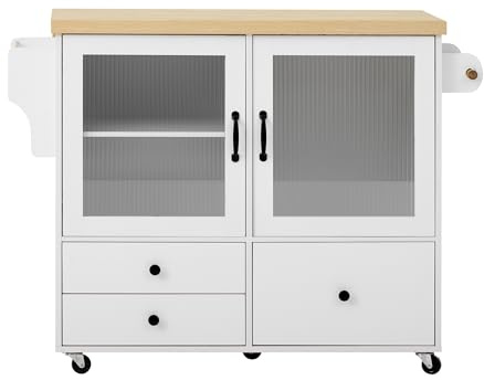 Coolywood Isola da cucina mobile con ruote, tavolo da pranzo allungabile e spazio di archiviazione, carrello da cucina con porta bicchieri da vino, 100 cm (bianco)