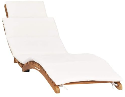 QJBSAVVA Tumbona plegable de madera maciza de teca, tumbona de jardín ergonómica con cojín blanco crema, cómoda tumbona de relax para jardín y terraza, 175 x 50 x 55 cm