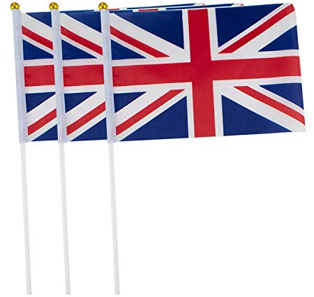 10 Articles Union Jack Drapeaux du Royaume-Uni avec Mâts qu'on Agite avec la Main Rouge Blanc Bleu pour Sports Mariage Royal Célébrations Nationales TRIXES