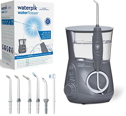 Waterpik Ultra Professional Water Flosser, 7 Tips, Advanced Pressure Control System, 10 Settings, Dental Plaque Removal Tool, Grey, WP-667UK, 2pin UK Bathroom Plug