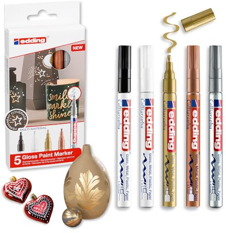 edding 753 gloss paint marker calligraphy - multi-coloured - 5 paint markers - calligraphy nib 1-2.5 mm - for glass, stone, plastic, paper - waterproof, highly opaque - bullet journals, hand lettering