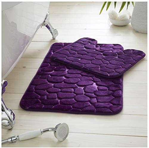 GC GAVENO CAVAILIA Premium 2 Piece Pebble Bath Mat Non Slip Pedestal Set, Extra Absorbent 100% Memory Foam Bathroom Toilet Rug, Regular (50x80, 50x40 cm), Purple