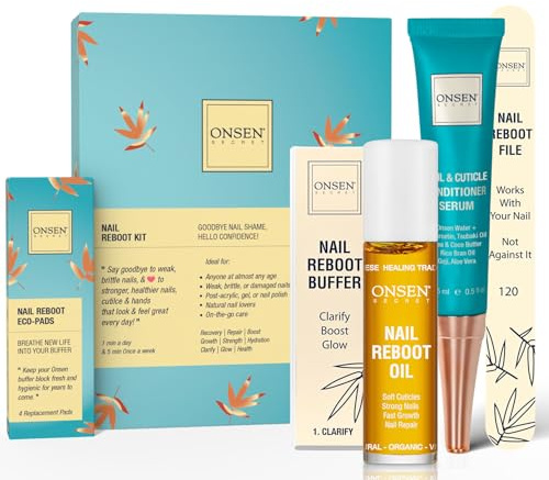Onsen Secret - Komplettes Nagel-Neustart-Set mit Nagel-Neustart-Öl 10ml, Nagelfeile 120/180 Körnung beidseitig, Ein 3-Wege Nagel buffer block & Nagelhautserum-15ml mit Nagelhautöl in Aktion
