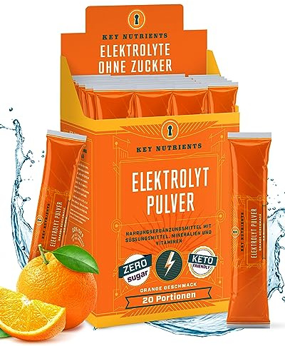 Key Nutrients Poudre d'électrolytes - Orange - 20 portions - Électrolytes Sans Sucre - Poudre d'électrolyte Keto : Sans gluten Sans Sucre - Additif : Magnésium, Potassium - Poudre d'électrolytes