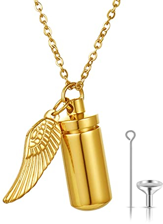 JewelryWe Schmuck Halskette Herren Damen Edelstahl Memorial Asche Urne Zylinder Gedenkflasche Engel Flügel Anhänger Kette Gravur, Gold