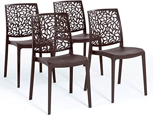 Sillas de resina moderna apilables de polipropileno con fibra de vidrio, para interior, cocina o comedor, exterior y jardín, sillas de restaurante y contract - Anna (4 Sillas, Moca)