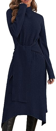 JayscreateEU Robe d'hiver en tricot pour femme - Robe d'automne - Robe midi - Robe pull avec col roulé - Manches longues - Avec ceinture - Robe chaude - Ligne A, bleu, L