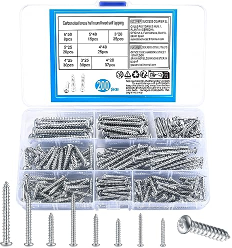 200 Stk Selbstschneidende Schrauben Set, Linsenkopfschrauben, Kreuzschlitzschrauben Blechschrauben, Flachkopf Schraube Holzschrauben für Holz Kunststoff Weichmetall - M3/M4/M5/M6