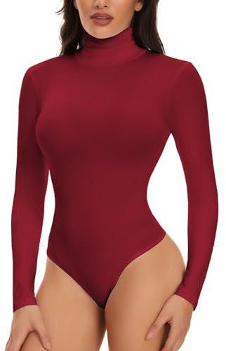 Joyshaper Damen Body Langarm Elegant Bodysuit Stehkragen Oberteil Bluse Langarmbody Langarmshirt Overalls Hemd Long Sleeve Tops Rot,M