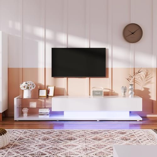 Azkoeesy TV-Schrank 170 cm mit LED-Beleuchtung, Hochglanz Weiß, Modernes TV-Board, Fernsehtisch, mit 2 Schubladen & 2 Glasregalen, für Wohnzimmer